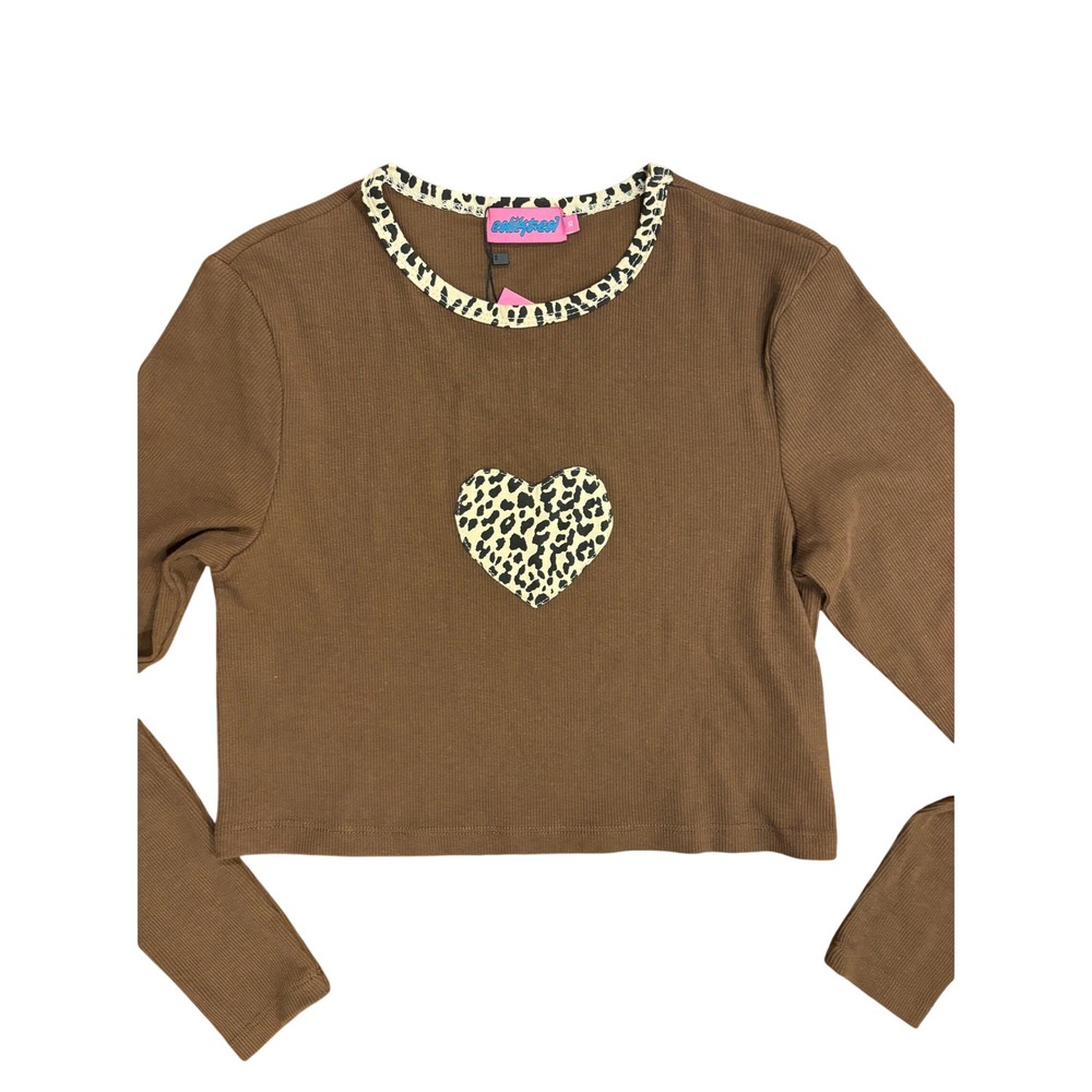 Edikted Heart Crop Top Brown Heart Patch Leopard Print Ribbed Long Sleeve XL NWT
